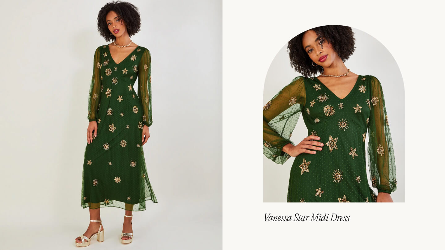 Woman wearing green monsoon embellished dress