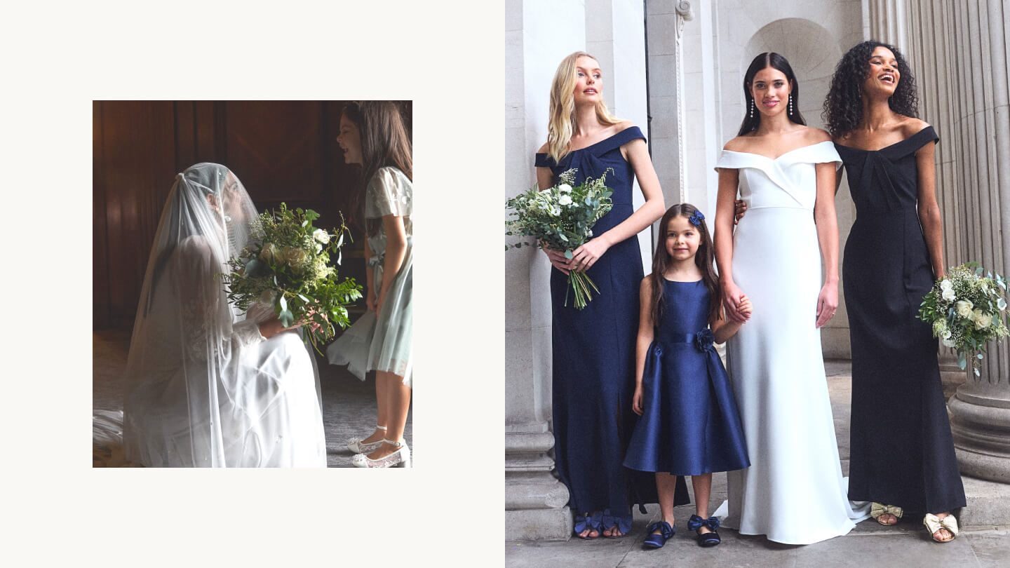 Bride with her bridesmaids and flower girl in navy dresses, holding bouquets of white roses and eucalyptus